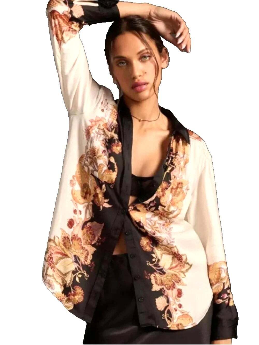 Anthropologie Women's Large Top Brielle Relaxed Button Down Floral Satin